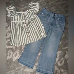 Girls 7 For All Mankind Striped Green and White Top with Blue Jeans